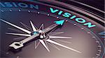 Compass with needle pointing the word vision with blur effect plus blue and black tones. Conceptual image for immustration of company or business anticipation or strategy