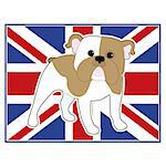A cartoon illustration of an English Bulldog with a British flag in the background
