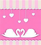Pink background with two white swans and hearts