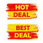 hot and best deal banners - text in yellow and red drawn labels, business commerce shopping concept