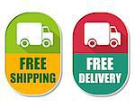 free shipping and delivery with truck symbol, two elliptic flat design labels with icons, business transportation concept