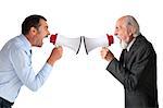 businessman and senior male manager with megaphones on white