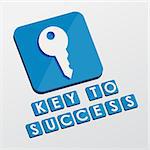 key to success and key sign - white text with symbol in blue flat design blocks, business creative concept