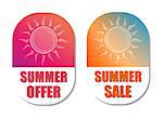 summer offer and summer sale banners - text in pink and orange flat design labels with sun symbols, business seasonal shopping concept