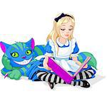 Wonderland Alice reading a book and Cheshire Cat