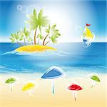 Sand beach, small island with palms and yacht in the open sea. Vector illustration.