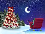 Illustration of Christmas tree and Santa's sleigh background.