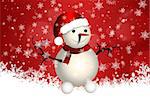 Illustration of red winter background with cute snowman with snowflakes.