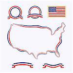 Outline map of USA. Border is marked with a ribbon in the national colors. The package contains a stamp with flag and frames. The file is made with no transparencies and gradients.