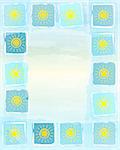 abstract frame summer background with drawn yellow suns in squares over blue sky