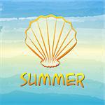 label with text summer and drawn shell over blue sea gradient