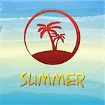 label with text summer and drawn silhouette palms in brown circle over blue sky gradient