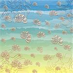 summer sea background and drawn striped conchs over blue yellow gradient