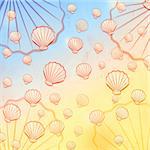 summer sea background and drawn orange shells over blue yellow gradient