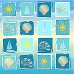 abstract blue summer background with drawn yellow suns, boats, shells, scallops and conchs in squares