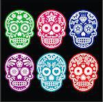 Vector icon set of decorated skull in color - tradition in Mexico, icons isolated on black