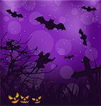 Illustration Halloween ominous background with pumpkins, bats, ghost - vector