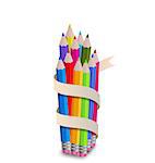 Illustration colorful pencils with ribbon, on white background - vector