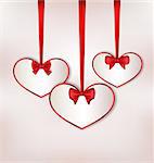 Illustration set card heart shaped with silk bow for Valentine Day - vector