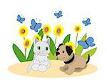 A little dog and a kat sitting by the flowers.