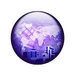Skyscrapers with world map. Spherical glossy button. Web element