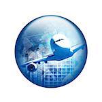 Airplane with skyscrapers. Spherical glossy button. Web element