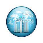 Skyscrapers with airplane. Spherical glossy button. Web element