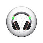 Headphones with music notes. Spherical glossy button. Web element