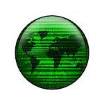 Glowing figures and world map. Spherical glossy button. Web element