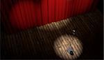3d stage with red curtain and vintage microphone in spot light, top view