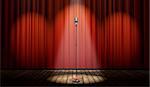 3d stage with red curtain and vintage microphone in spot light, with magical particles