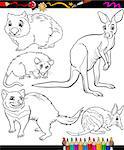 Coloring Book or Page Cartoon Illustration of Black and White Marsupials Wild Animals Characters for Children