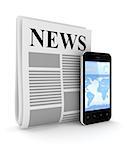 Stylized newspaper and modern mobile phone.Isolated on white background.3d rendered.