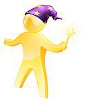 A gold wizard mascot waving a wand and wearing a purple hat