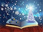 Illustration of magic book with winter landscape background.