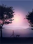 Silhouette of a female jogging in the countryside with her dog