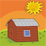 Hot sun over cartoon barn with closed doors