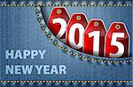 Happy New Year greetings and 2015 digits on red tags in blue jeans pocket. Vector illustration