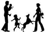 Editable vector silhouettes of a woman welcomed home by husband, children and dog with all figures as separate objects