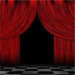 Illustration of open theater drapes or stage curtains with a black background.