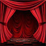 Close view of vintage decorative red theater stage curtains.