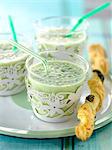 Cucumber gazpacho,poppyseed twist bread sticks