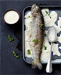 Trout in a creamy yellow wine sauce