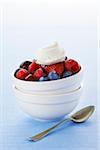 Bowl of Strawberries, Blueberries, Raspberries and Cherries with Whipped Cream and Spoon on Blue Background, Studio Shot