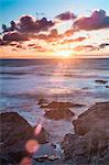 Rocky coast at Treyarnon Bay at sunset, Cornwall, England, United Kingdom, Europe