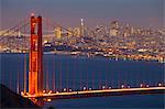 The Golden Gate Bridge and San Francisco skyline at night, San Francisco, California, United States of America, North America
