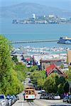 Cable car and Alcatraz Island, San Francisco, California, United States of America, North America