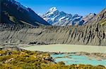 Turquoise glacier lake in front of Mount Cook, UNESCO World Heritage Site, South Island, New Zealand, Pacific