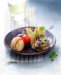 Scallop brochette with mushrooms stuffed with smoked duck magret