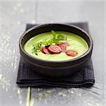 Cream of watercress and rocket lettuce soup with chorizo